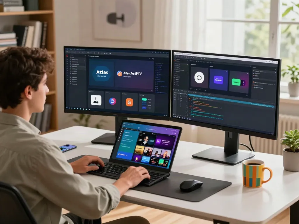 Interface de l'application atlas pro iptv affichée sur deux écrans dans un environnement de bureau moderne.