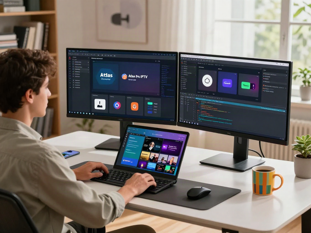 Interface de l'application atlas pro iptv affichée sur deux écrans dans un environnement de bureau moderne.