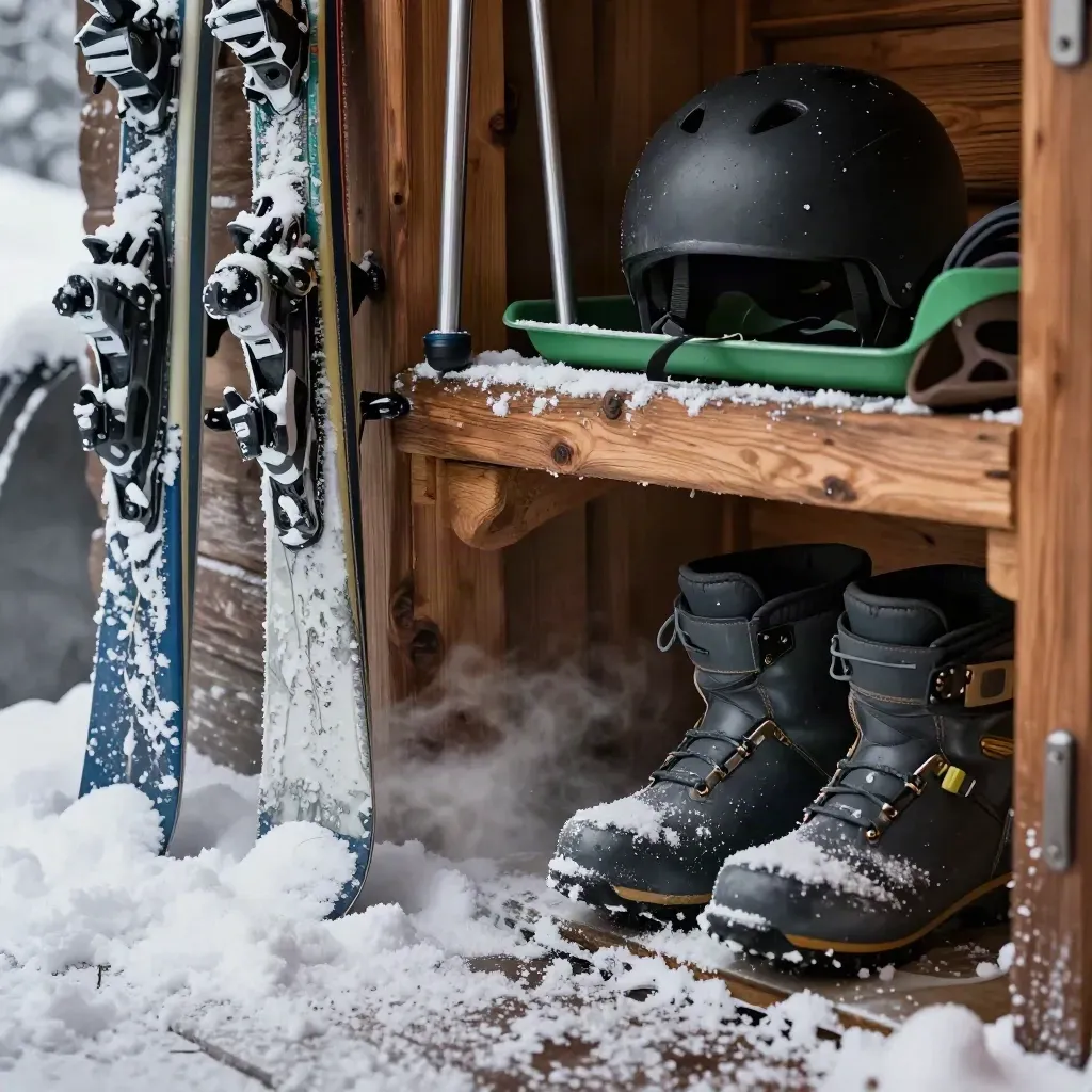 Vestiaire de chalet avec skis, bottes cirées et poudreuse sur le seuil.