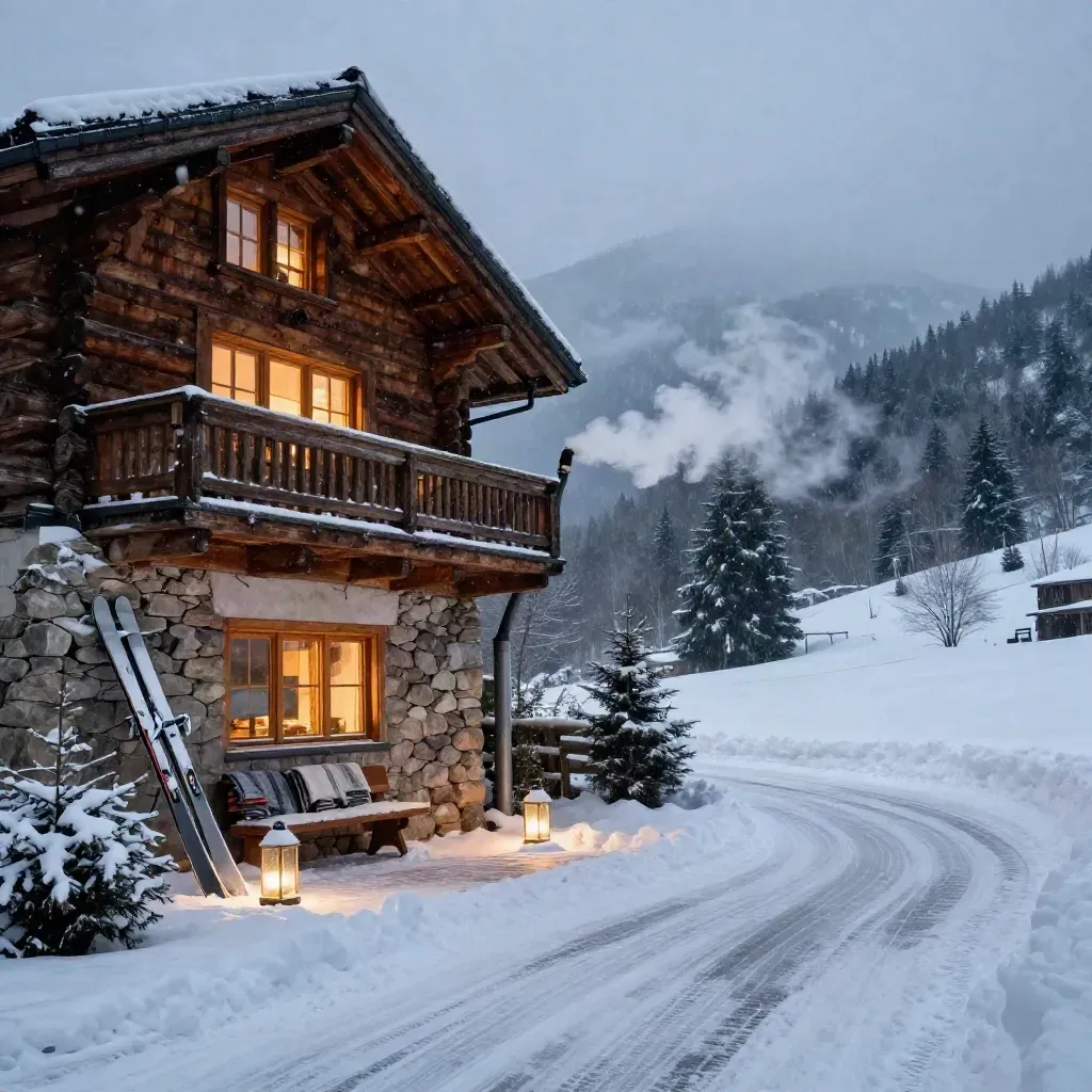Chalet alpin éclairé au crépuscule, neige fine et fumée de cheminée.