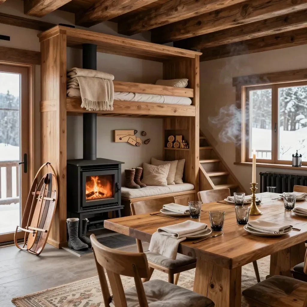 Salon de chalet familial cosy avec table dressée, banc à bottes et ambiance boisée.