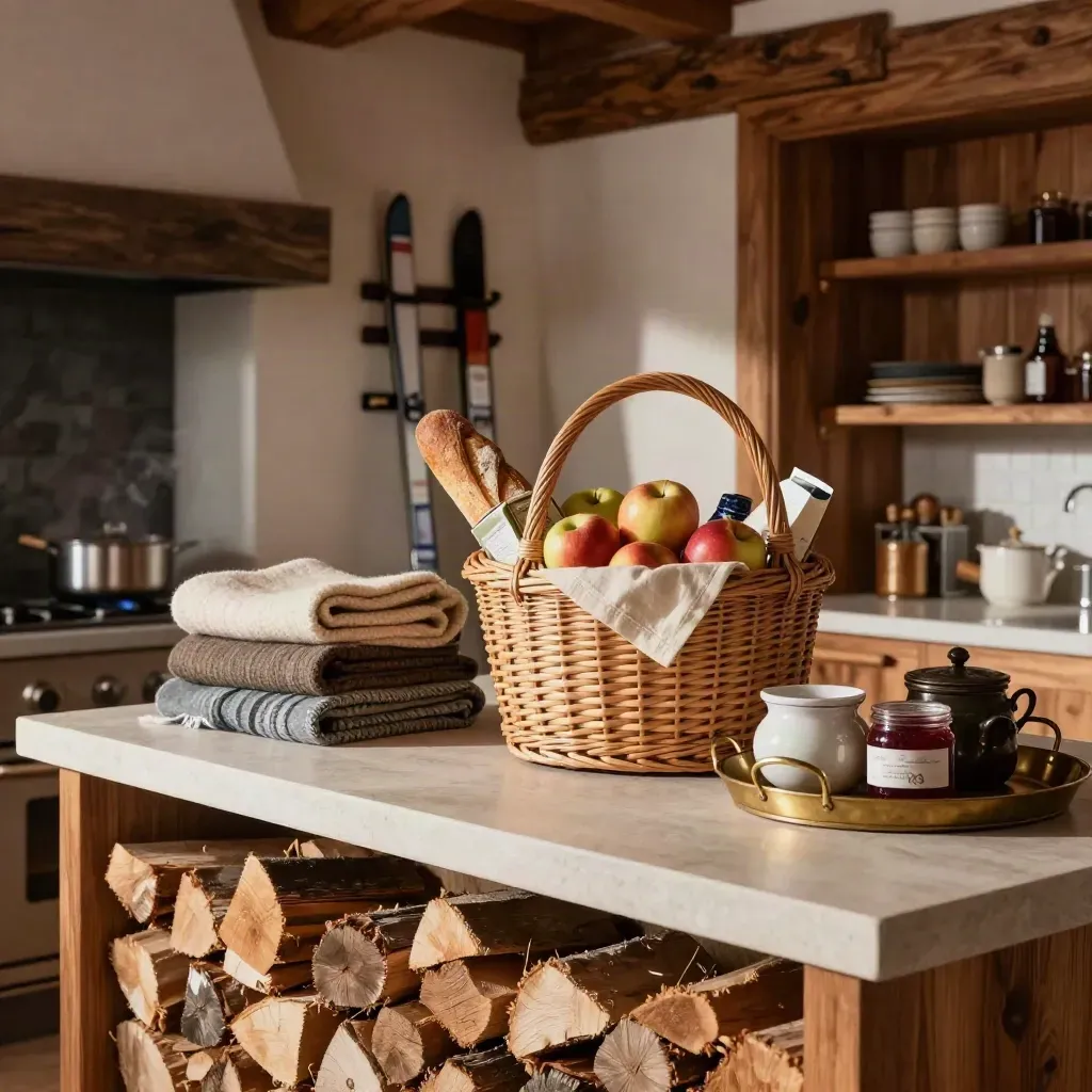 Panier d’épicerie, bois, couvertures et plateau petit-déjeuner dans une cuisine de chalet.