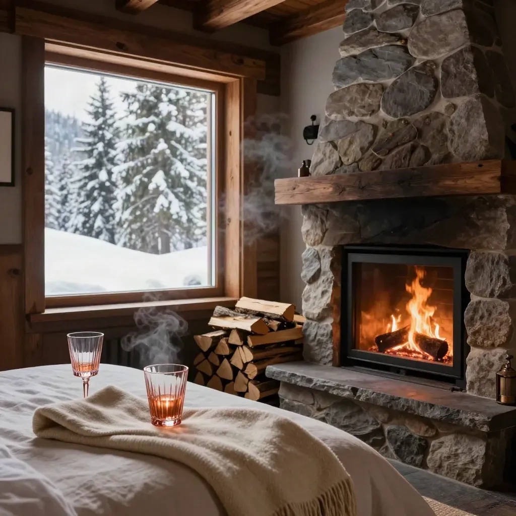 Suite chalet cosy pour deux, feu doux, verres flûtés, plaids et sapins enneigés.