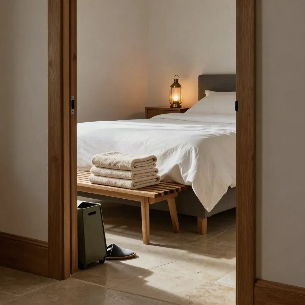 Chambre chalet préparée pour une arrivée tardive, linge frais, lanternes et chaussons.
