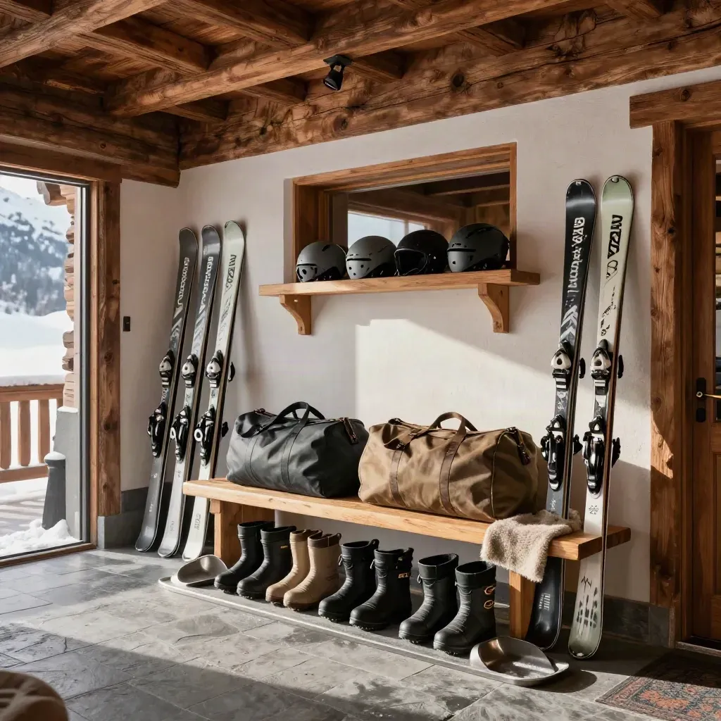 Entrée de chalet alpin avec skis, bottes, casques et sacs prêts pour un week-end au ski.