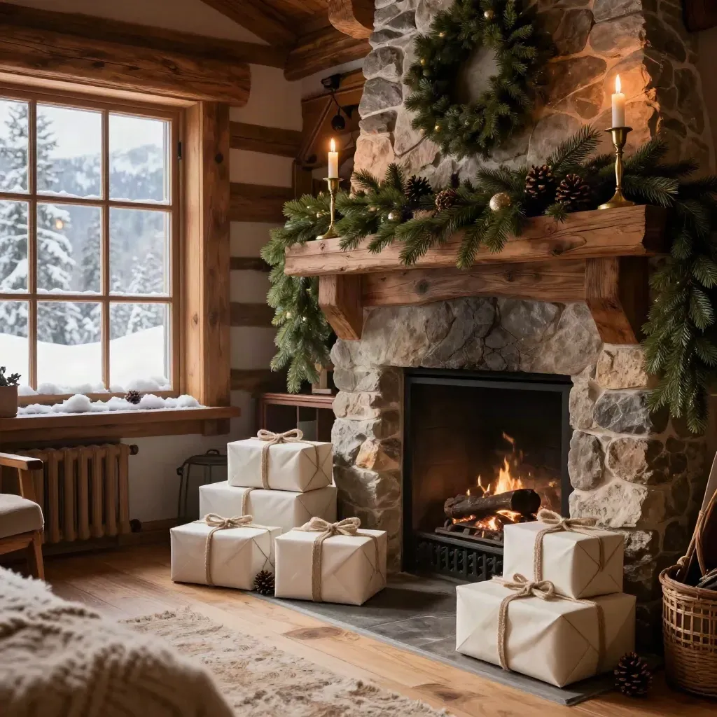 Cheminée de chalet festive avec cadeaux, guirlande de sapin et neige à la fenêtre.