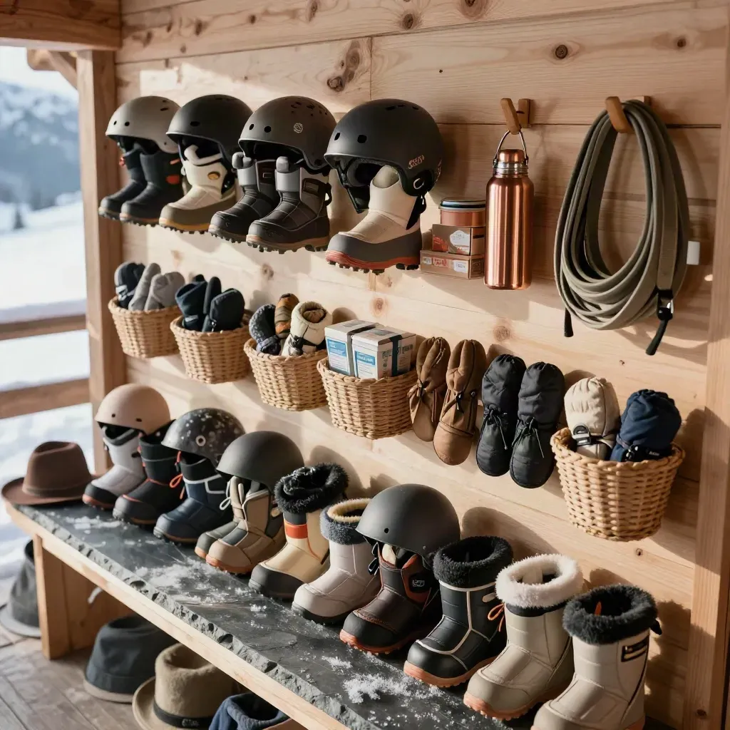 Mur d’équipement familial de ski avec petites bottes, casques, moufles, thermos et sangles de luge.