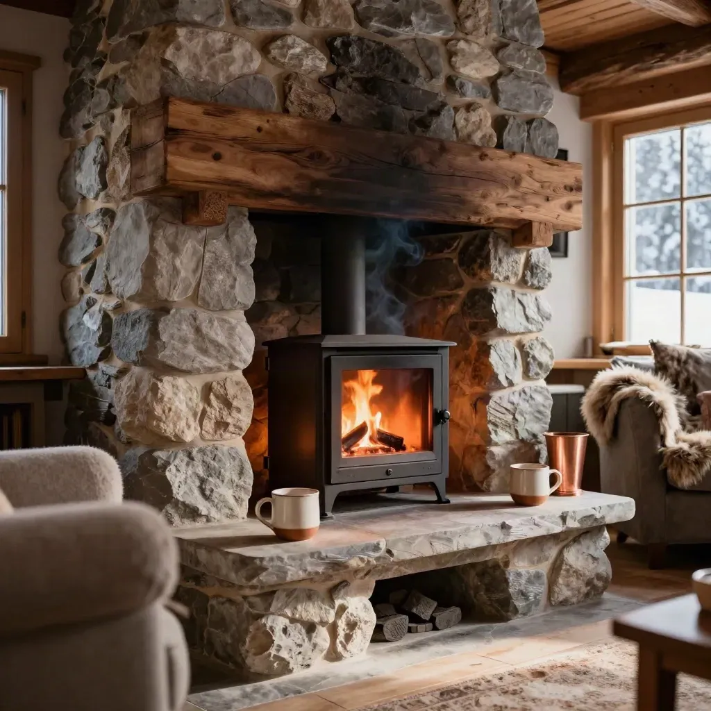 Salon de chalet en pierre et bois, feu allumé, deux mugs et plaid près d’une fenêtre enneigée.