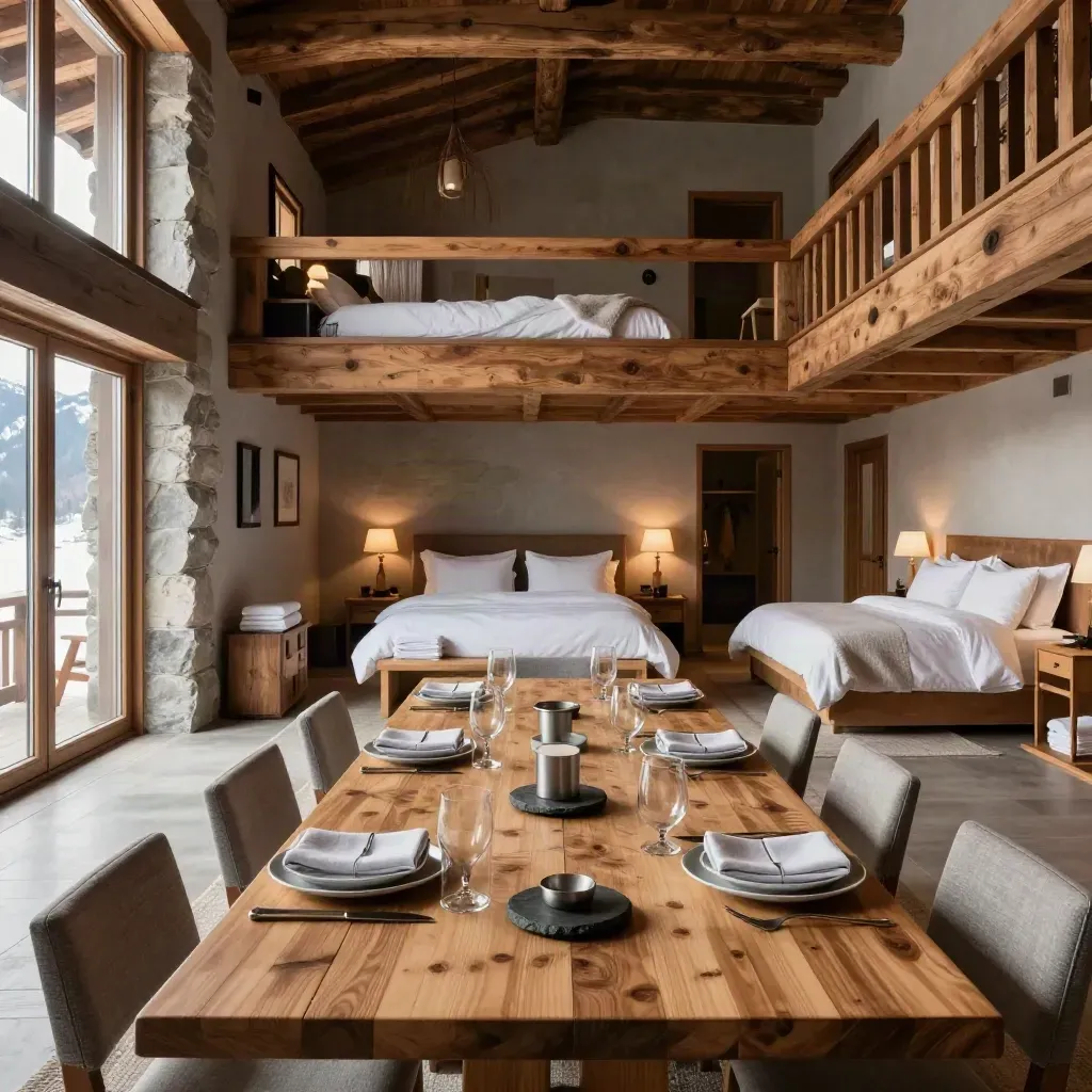 Grand chalet alpin prêt pour un dîner de groupe, chambres faites et table dressée, sans personne.