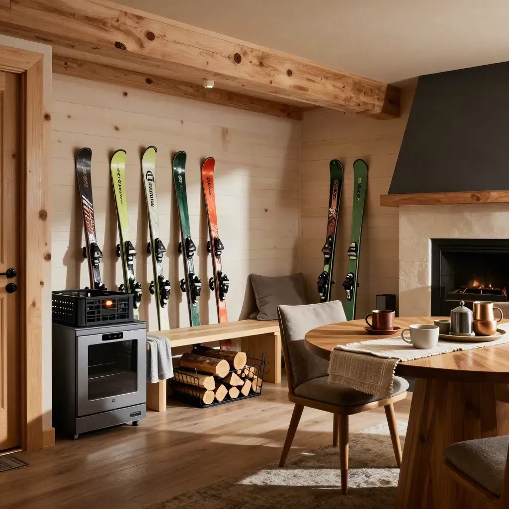 Boot room alpin avec skis, sèche-bottes, caisses et coin petit-déjeuner cosy.