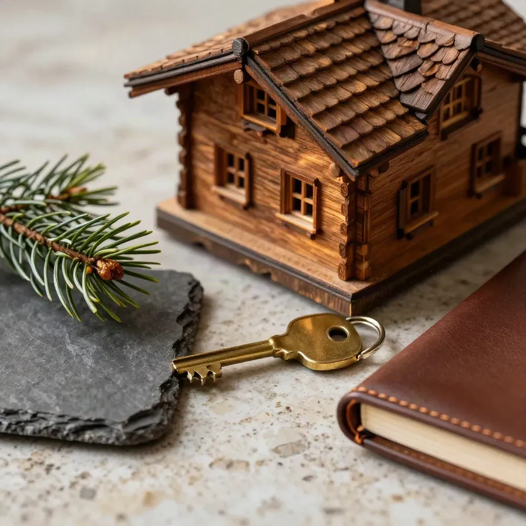 Maquette de chalet, clé en laiton, ardoise, branche de pin et carnet sur travertin.