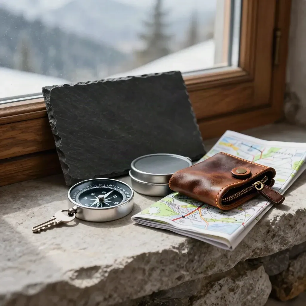 Boussole, cire à ski et pochette en cuir sur une tablette de chalet.