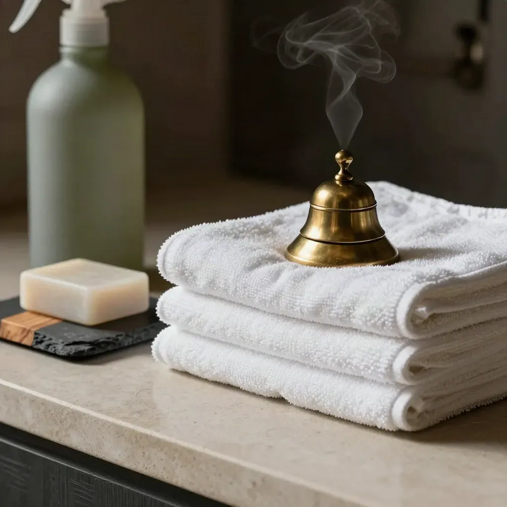 Gros plan de linge blanc, vaporisateur, clochette en laiton et savon sur pierre.