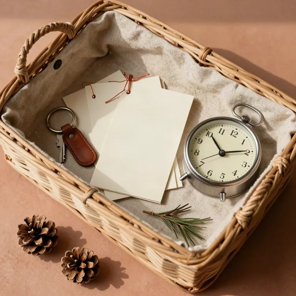 Vue du dessus d’un panier d’arrivée de chalet avec horloge, clés, cartes vierges et pommes de pin.