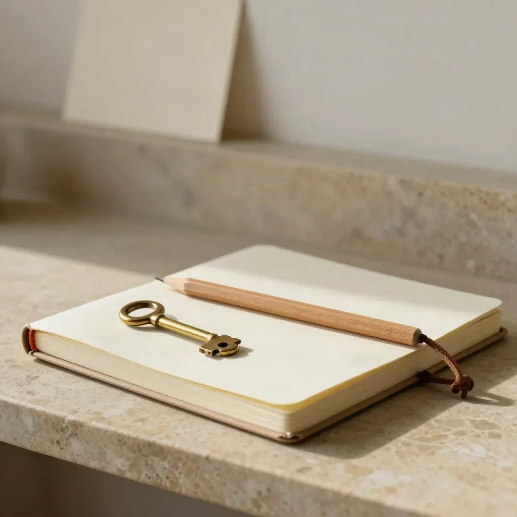 Carnet crème fermé, clé en laiton et crayon sous un cordon de cuir sur pierre claire.