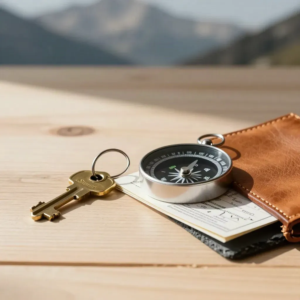 Clé de chalet, boussole et carte pliée dans un étui en cuir sur bois clair.
