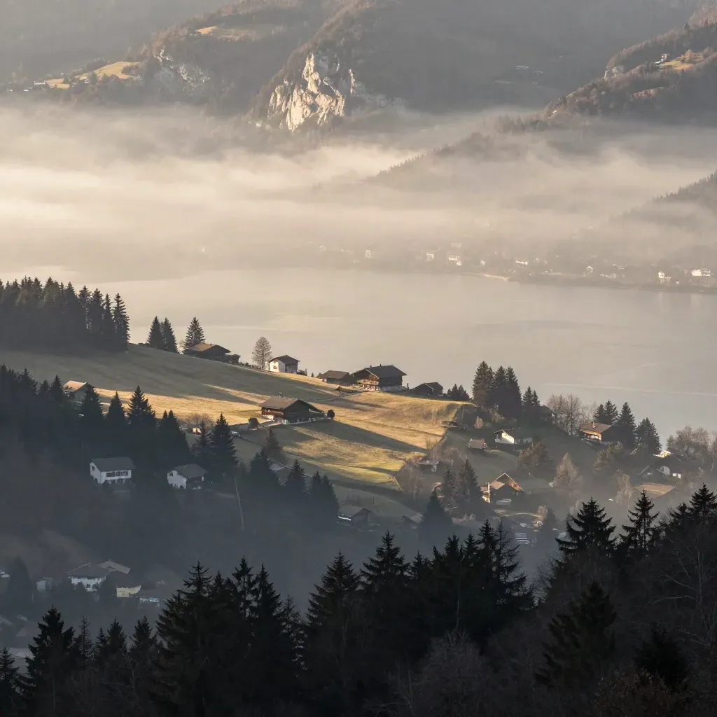 Panorama brumeux de Haute-Savoie au-dessus d’Annecy, chalets, sapins et lac au lever du soleil