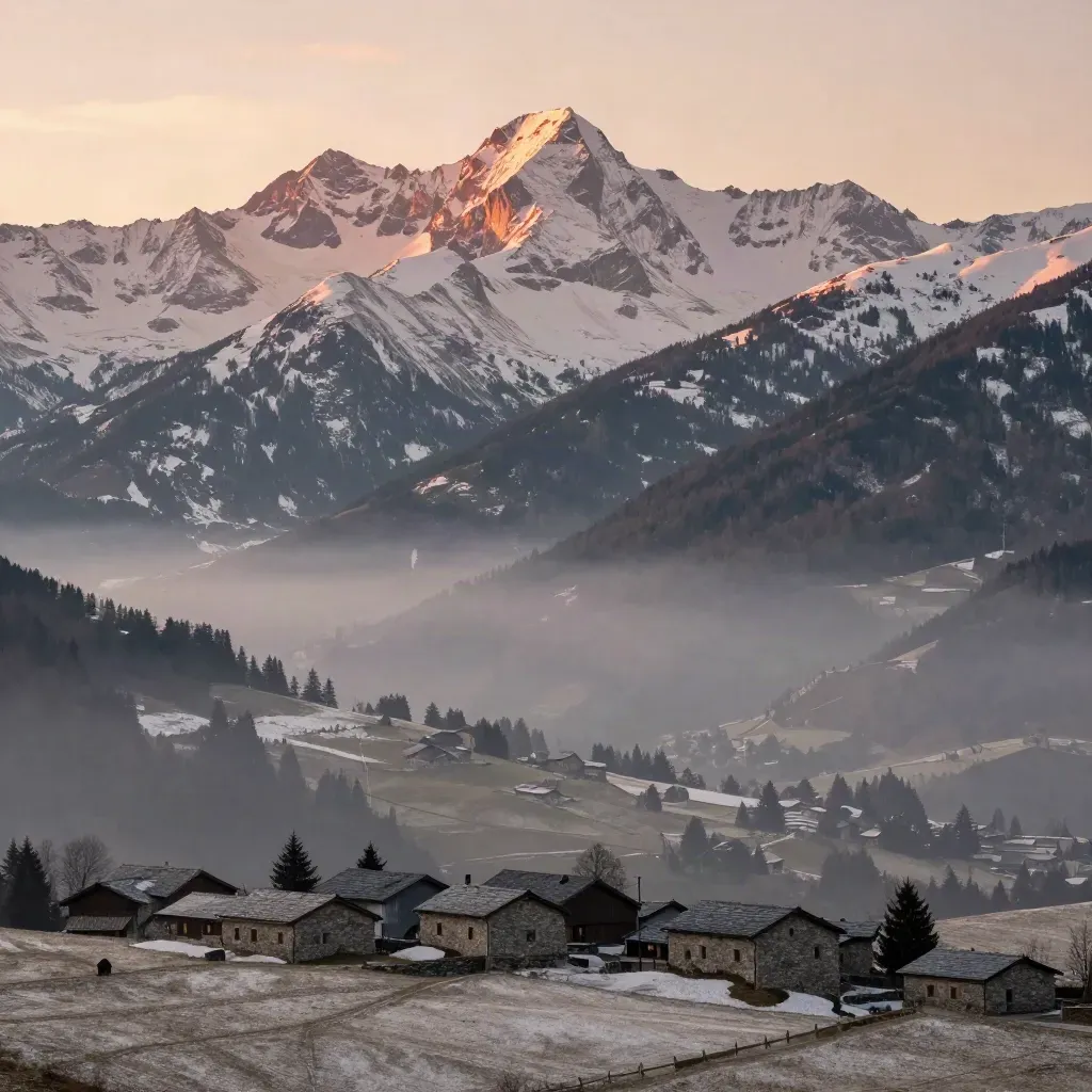 Massifs pyrénéens roses au-dessus d’une vallée brumeuse près de Cauterets