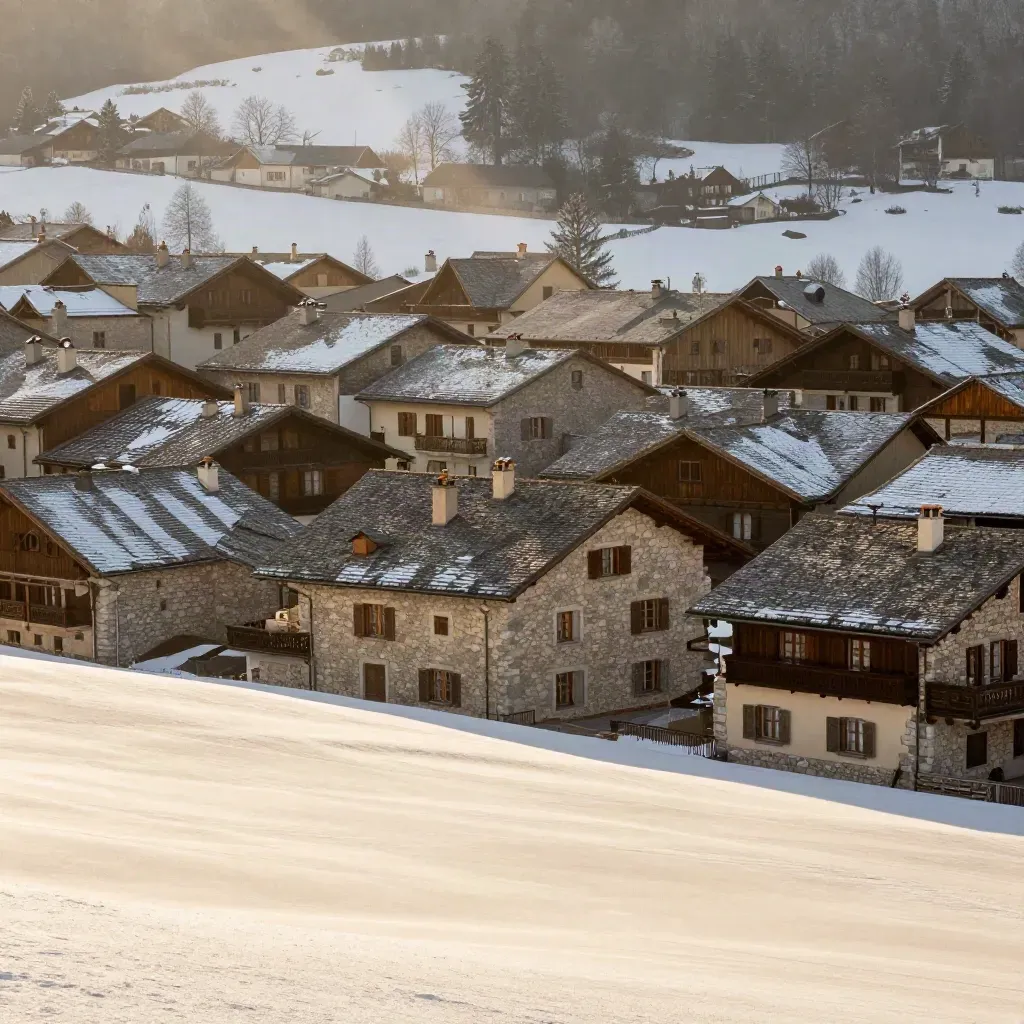 Toits de pierre en Savoie et crête enneigée près de Chambéry sous une lumière chaude.