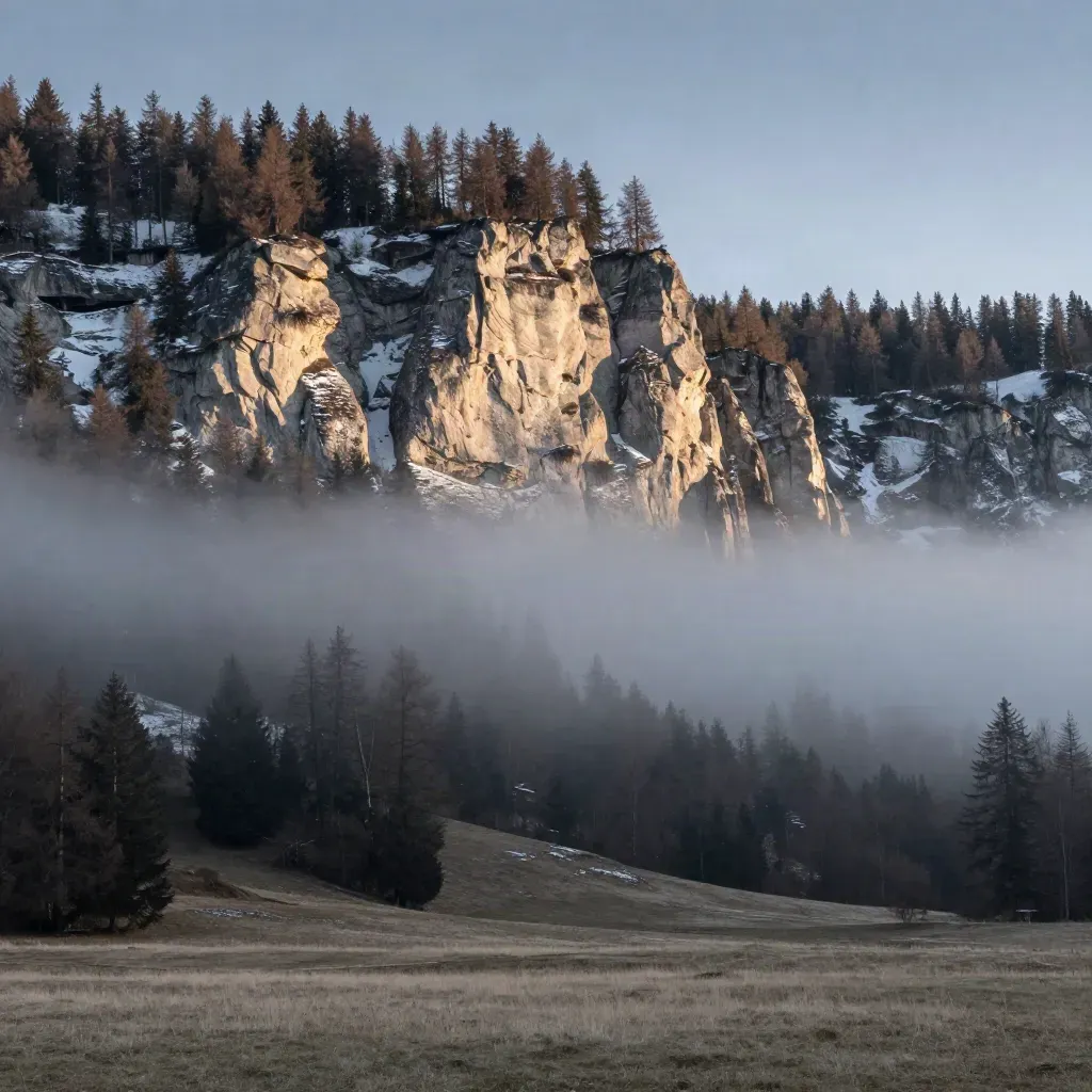 Falaises calcaires et forêt de mélèzes au-dessus de Grenoble, nuages bas à l’aube.