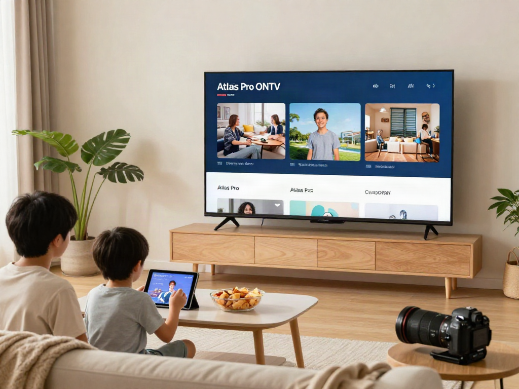 Famille regardant un contenu de l'application Atlas Pro ONTV sur grand écran dans un salon chaleureux.